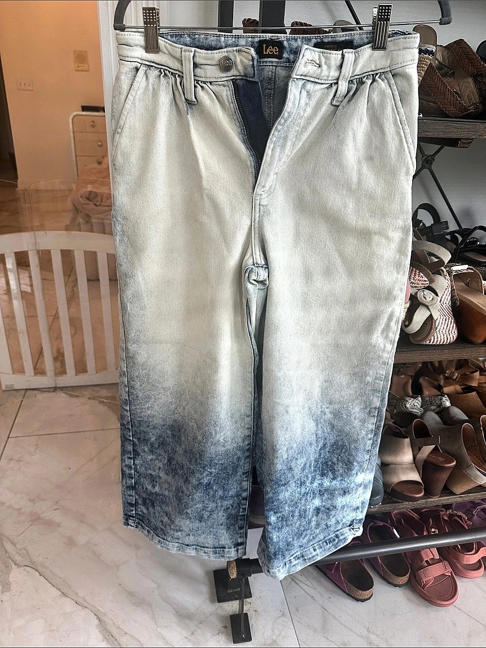 Lee High Rise Cropped Wide Leg Jeans Blue & White Waist 27